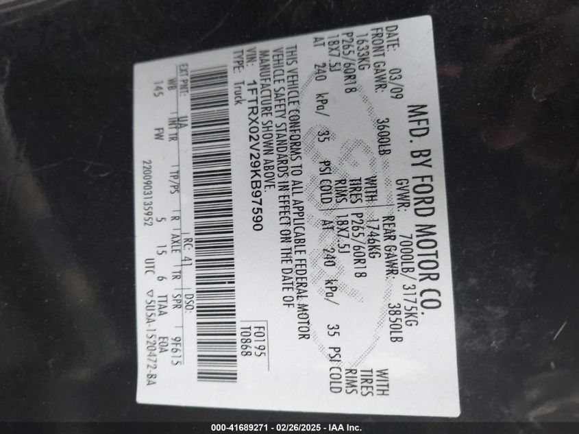 2009 Ford F-150 Xlt VIN: 1FTRX02V29KB97590 Lot: 41689271