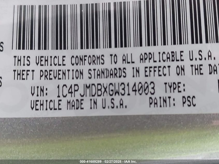 2016 Jeep Cherokee Limited VIN: 1C4PJMDBXGW314003 Lot: 41689289