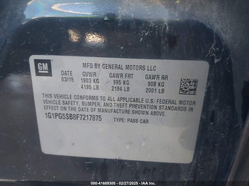 2015 CHEVROLET CRUZE VIN: 1G1PG5SB8F7217875