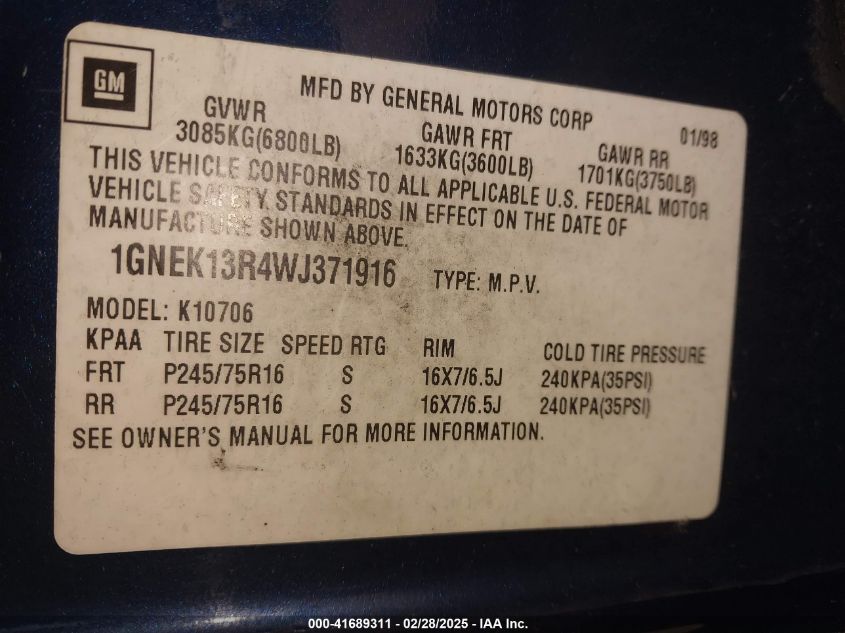 1998 Chevrolet Tahoe Ls VIN: 1GNEK13R4WJ371916 Lot: 41689311