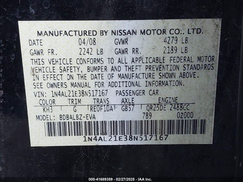 2008 Nissan Altima 2.5 S VIN: 1N4AL21E38N517167 Lot: 41689359