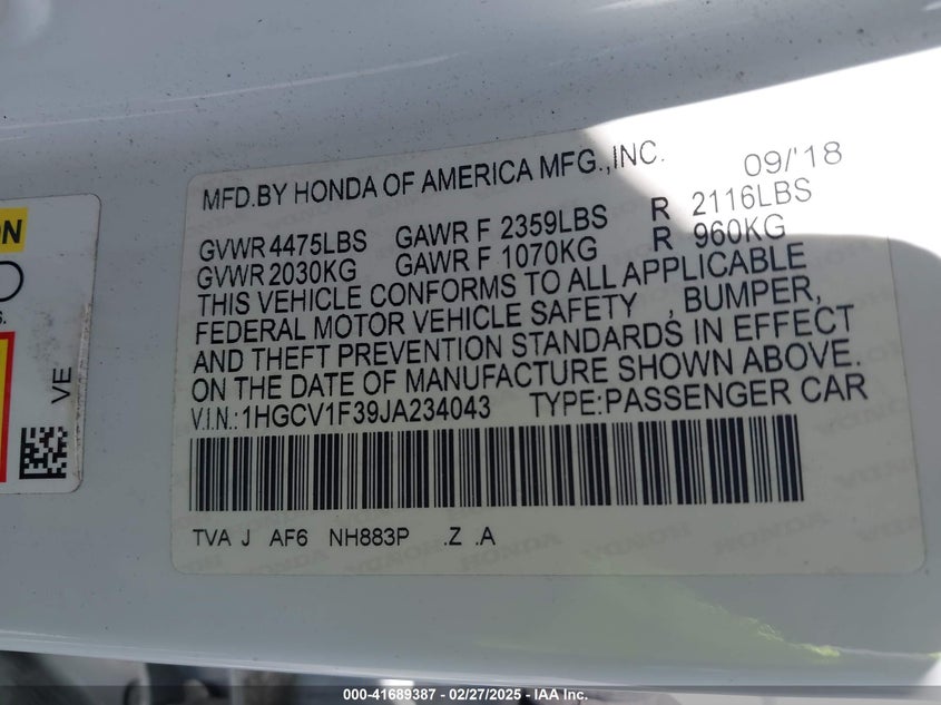 2018 HONDA ACCORD SPORT - 1HGCV1F39JA234043