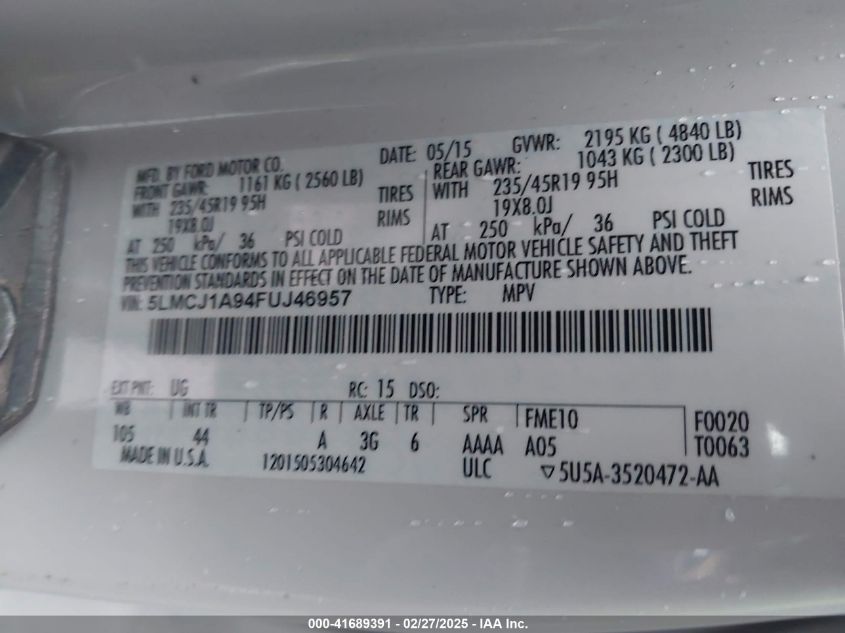 2015 Lincoln Mkc VIN: 5LMCJ1A94FUJ46957 Lot: 41689391