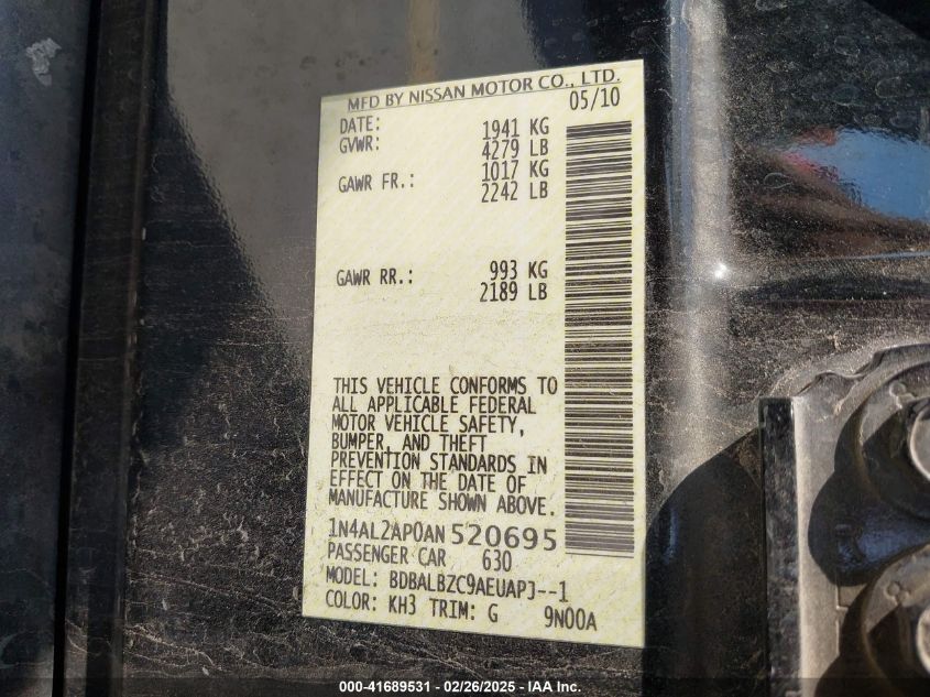 2010 Nissan Altima 2.5 S VIN: 1N4AL2AP0AN520695 Lot: 41689531