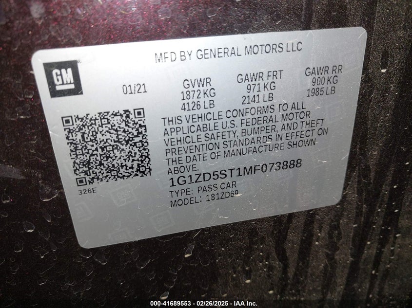 2021 CHEVROLET MALIBU VIN: 1G1ZD5ST1MF073888