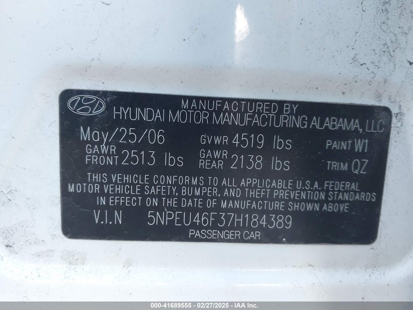 2007 HYUNDAI SONATA VIN: 5NPEU46F37H184389