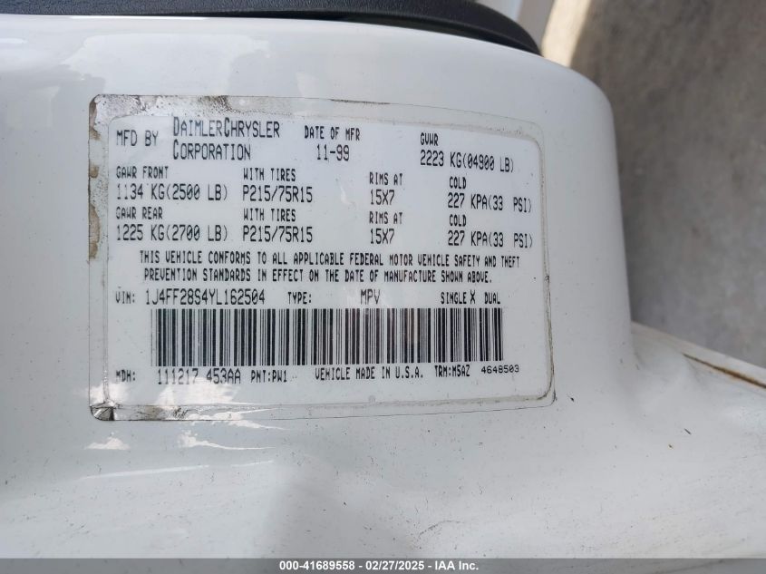 2000 Jeep Cherokee Se VIN: 1J4FF28S4YL162504 Lot: 41689558