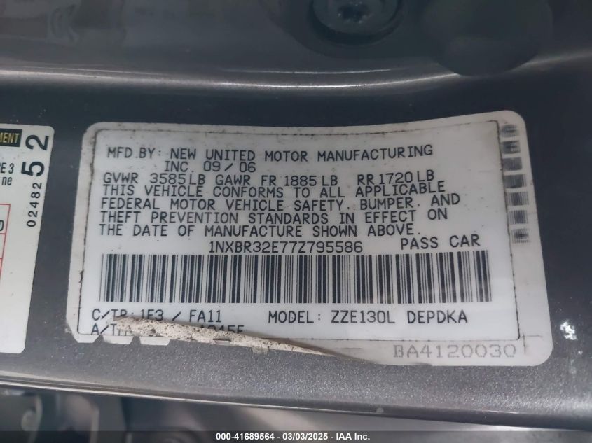 2007 Toyota Corolla Ce VIN: 1NXBR32E77Z795586 Lot: 41689564