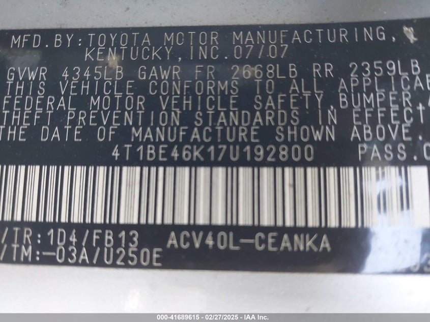 2007 Toyota Camry Le VIN: 4T1BE46K17U192800 Lot: 41689615