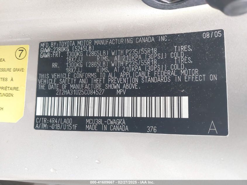 2005 Lexus Rx 330 VIN: 2T2HA31U25C084527 Lot: 41689667