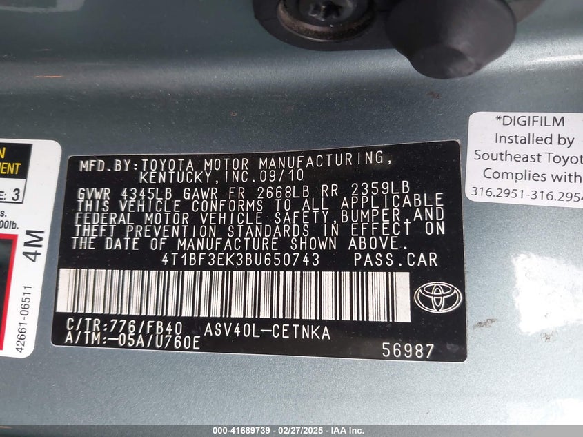 2011 TOYOTA CAMRY VIN: 4T1BF3EK3BU650743