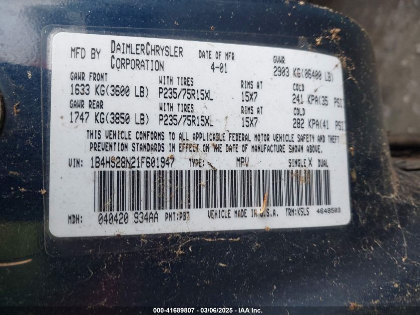 2001 Dodge Durango VIN: 1B4HS28N21F601947 Lot: 41689807