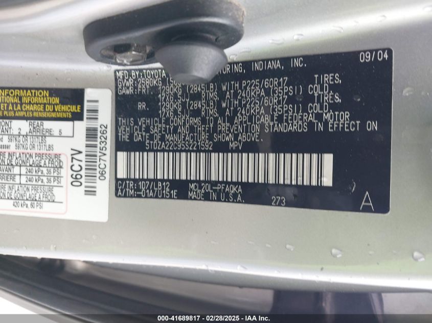 2005 Toyota Sienna Xle VIN: 5TDZA22C95S221592 Lot: 41689817