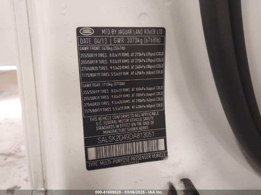 2013 Land Rover Range Rover Sport Hse VIN: SALSK2D49DA813051 Lot: 41689825