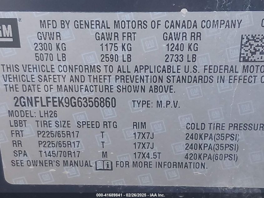 2016 Chevrolet Equinox Lt VIN: 2GNFLFEK9G6356860 Lot: 41689841