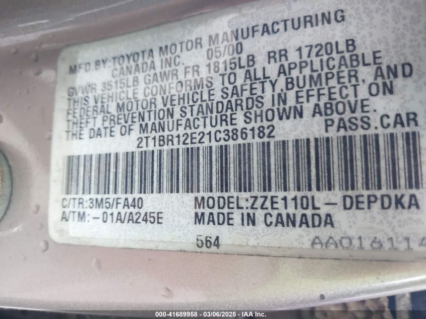 2001 Toyota Corolla Le VIN: 2T1BR12E21C386182 Lot: 41689958