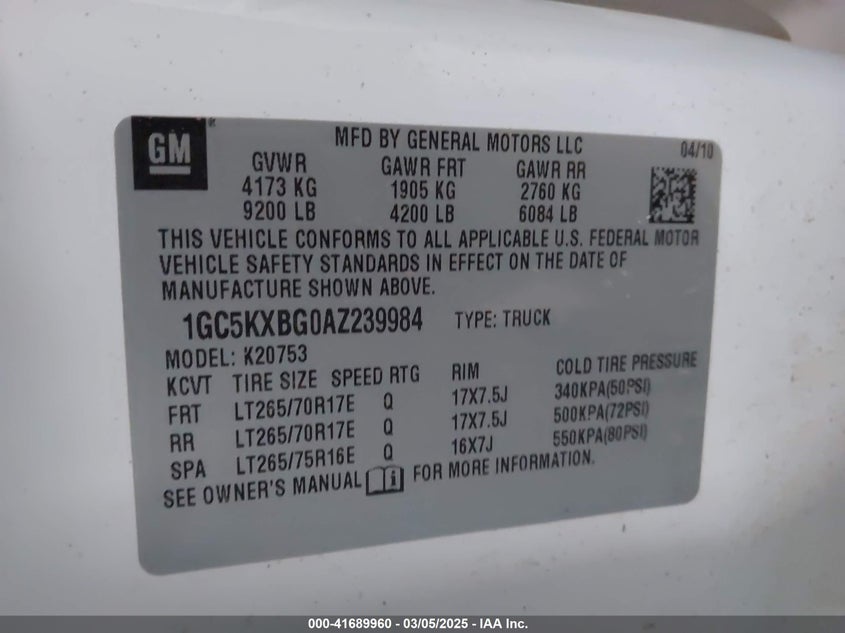 2010 CHEVROLET SILVERADO 2500HD VIN: 1GC5KXBG0AZ239984