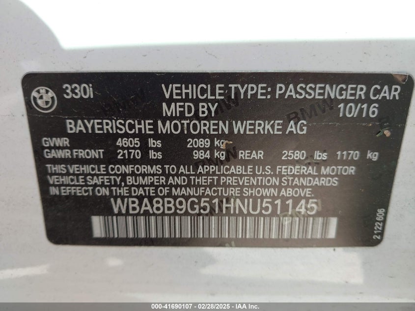 2017 BMW 330I - WBA8B9G51HNU51145