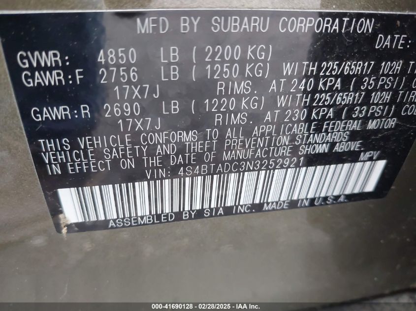 2022 Subaru Outback Premium VIN: 4S4BTADC3N3252921 Lot: 41690128