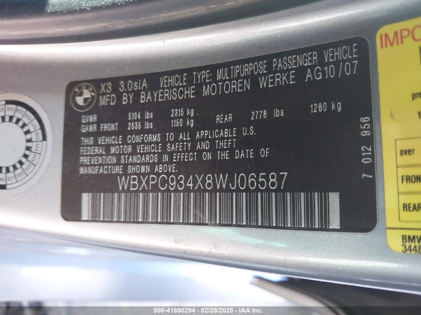 2008 BMW X3 3.0Si VIN: WBXPC934X8WJ06587 Lot: 41690294