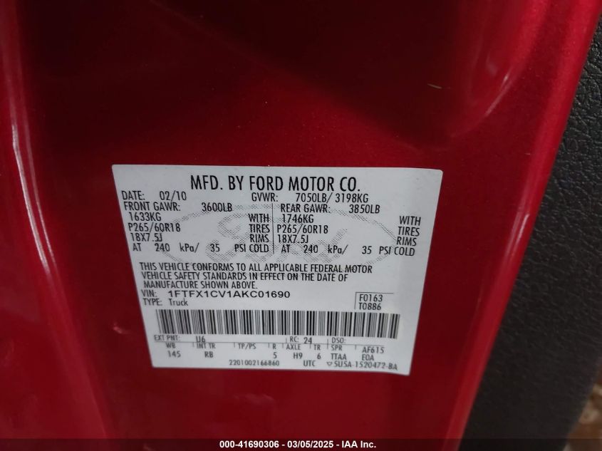 2010 Ford F-150 Fx2 Sport/Lariat/Xl/Xlt VIN: 1FTFX1CV1AKC01690 Lot: 41690306