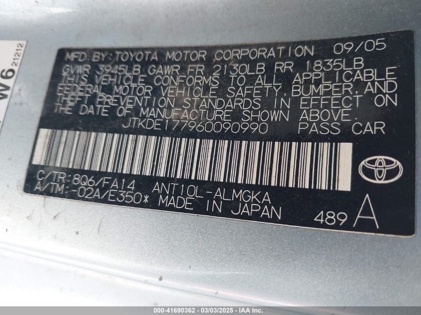 2006 Scion Tc VIN: JTKDE177960090990 Lot: 41690362