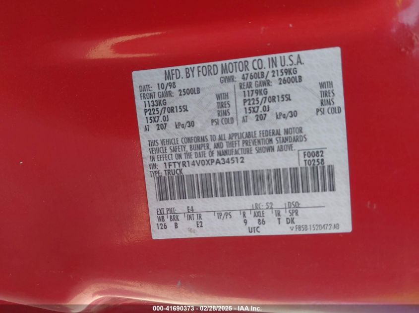 1999 Ford Ranger Xl/Xlt VIN: 1FTYR14V0XPA34512 Lot: 41690373