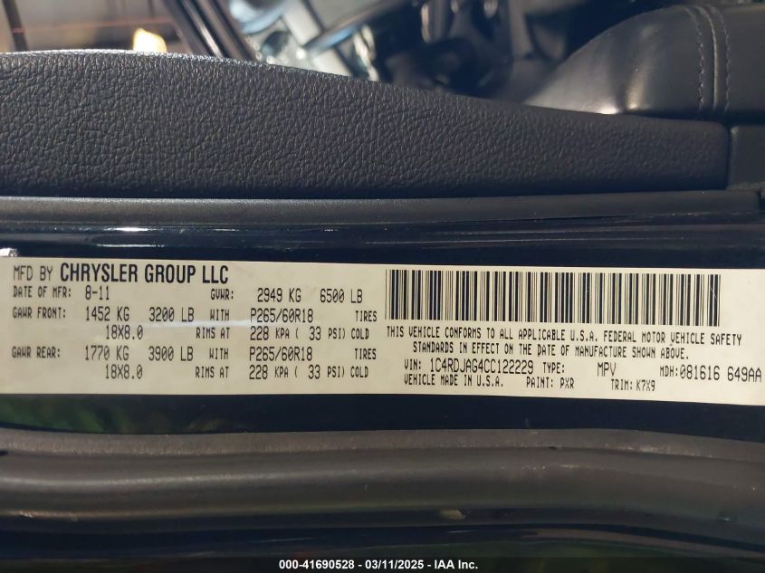 2012 Dodge Durango Sxt VIN: 1C4RDJAG4CC122229 Lot: 41690528