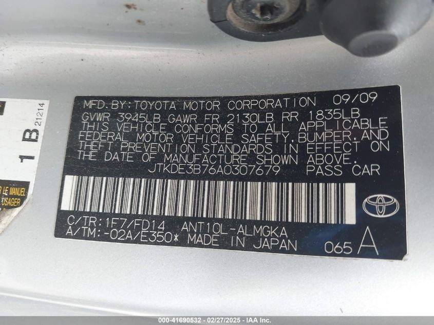 2010 Scion Tc VIN: JTKDE3B76A0307679 Lot: 41690532