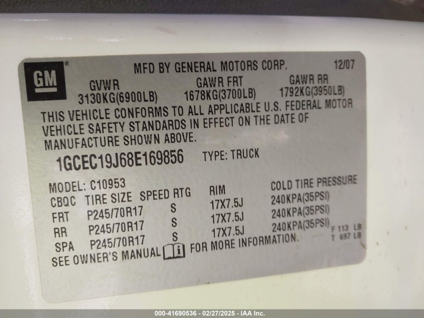 2008 Chevrolet Silverado 1500 Work Truck VIN: 1GCEC19J68E169856 Lot: 41690536