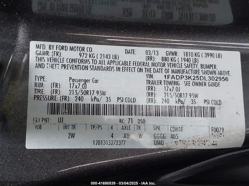 2013 Ford Focus Se VIN: 1FADP3K25DL302956 Lot: 41690539