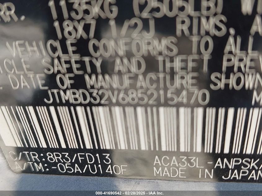 2008 Toyota Rav4 Sport VIN: JTMBD32V685215470 Lot: 41690542