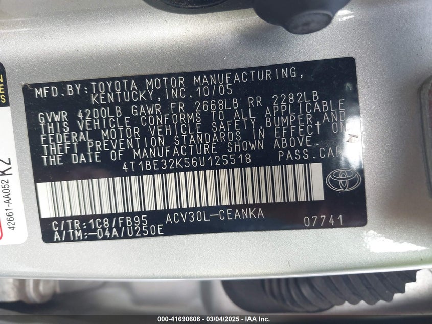 2006 TOYOTA CAMRY VIN: 4T1BE32K56U125518