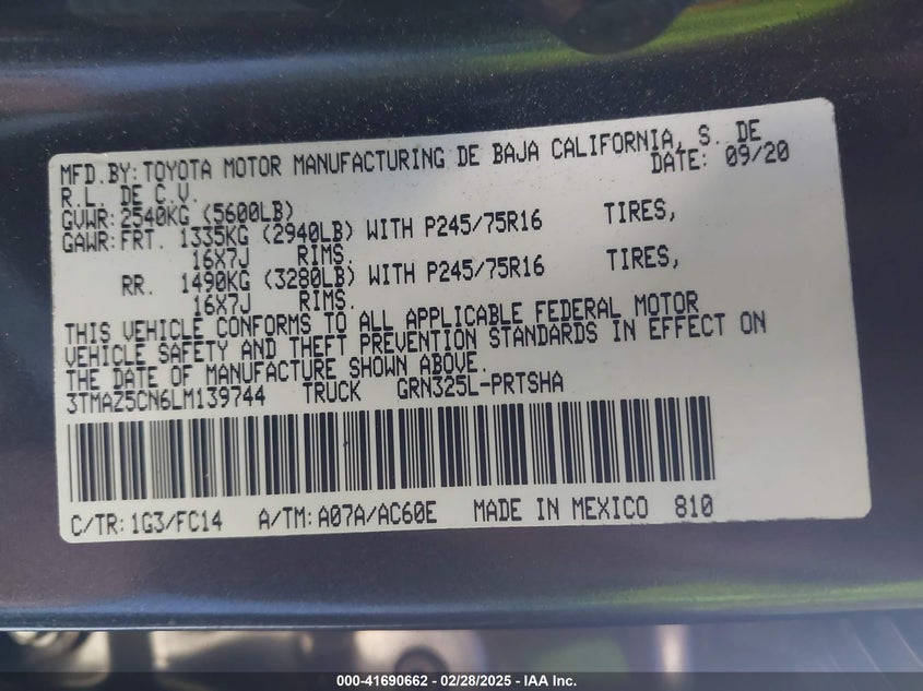 2020 TOYOTA TACOMA VIN: 3TMAZ5CN6LM139744