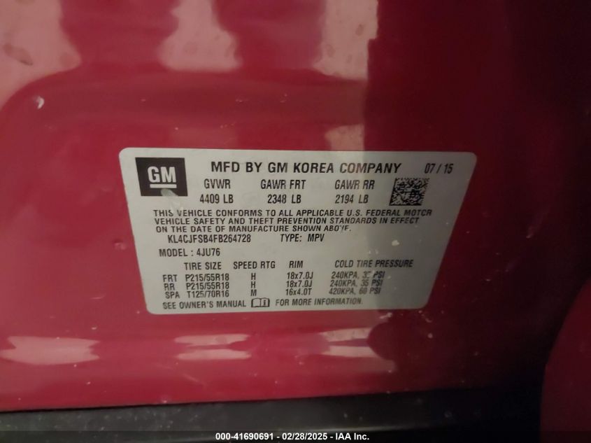 2015 Buick Encore Convenience VIN: KL4CJFSB4FB264728 Lot: 41690691