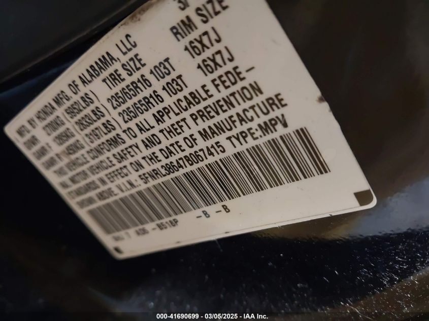 2007 Honda Odyssey Ex-L VIN: 5FNRL38647B067415 Lot: 41690699