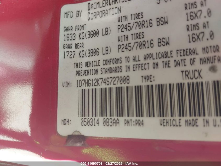2004 Dodge Dakota VIN: 1D7HG12K74S727008 Lot: 41690706