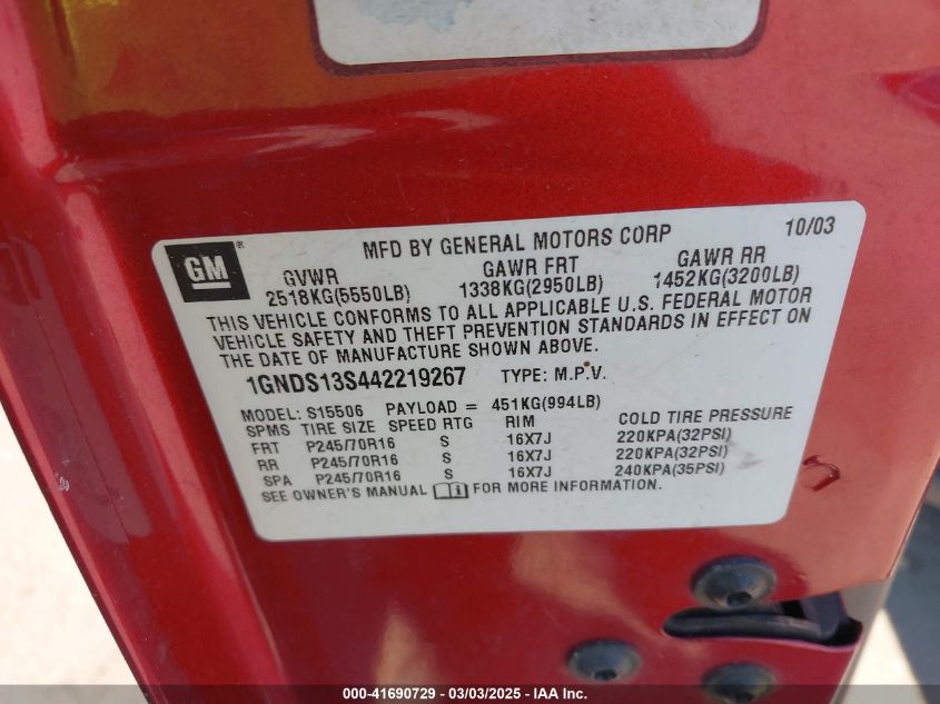 2004 Chevrolet Trailblazer Lt VIN: 1GNDS13S442219267 Lot: 41690729