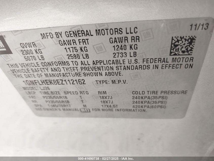 2014 CHEVROLET EQUINOX VIN: 1GNFLHEK8EZ112162