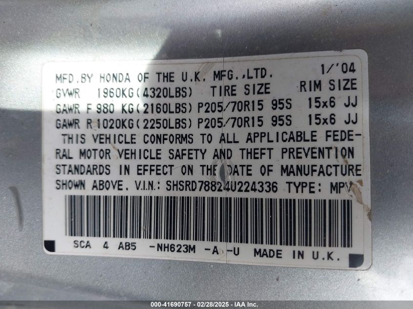 2004 Honda Cr-V Ex VIN: SHSRD78824U224336 Lot: 41690757