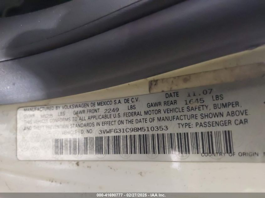 2008 Volkswagen New Beetle Black Tie Edition/Triple White VIN: 3VWFG31C98M510353 Lot: 41690777