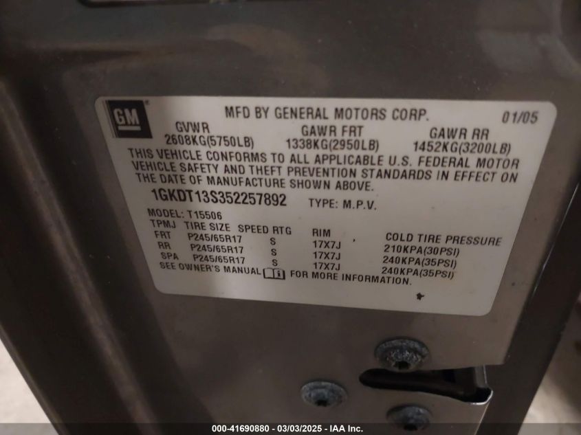 2005 GMC Envoy Sle VIN: 1GKDT13S352257892 Lot: 41690880