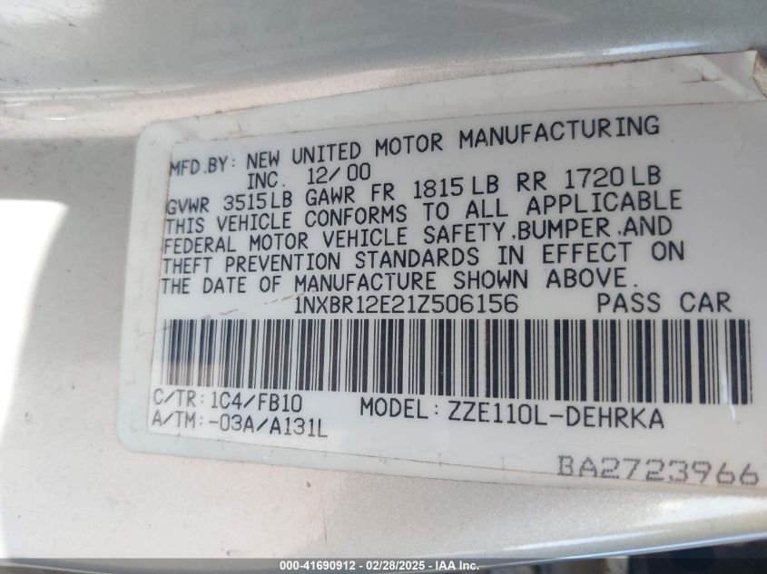 2001 Toyota Corolla Ce/Le/S VIN: 1NXBR12E21Z506156 Lot: 41690912