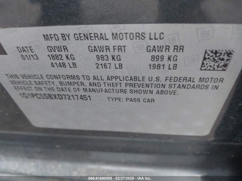 2013 Chevrolet Cruze 1Lt Auto VIN: 1G1PC5SBXD7217451 Lot: 41690955