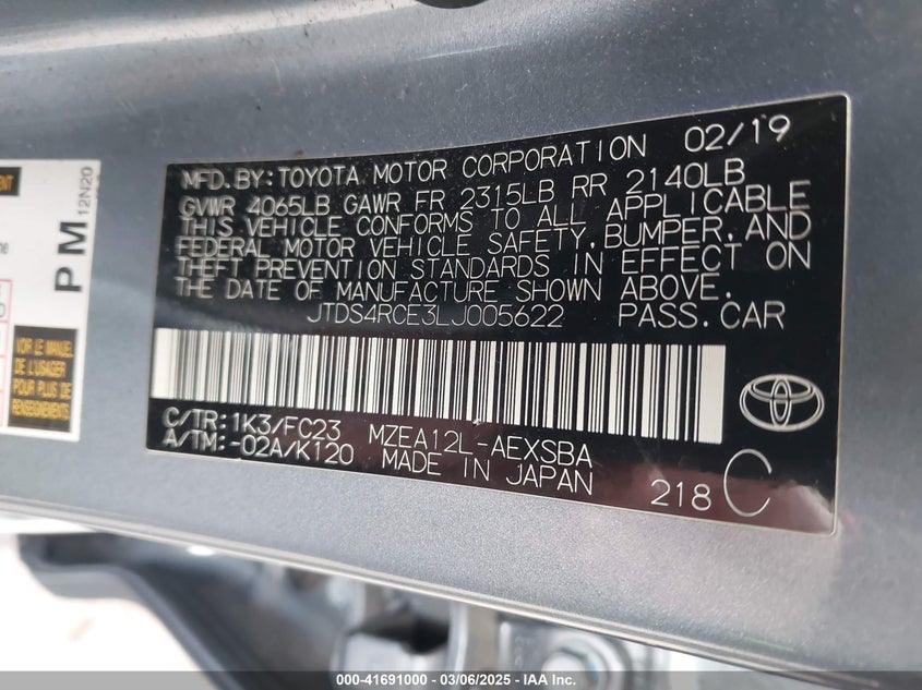 2020 TOYOTA COROLLA VIN: JTDS4RCE3LJ005622