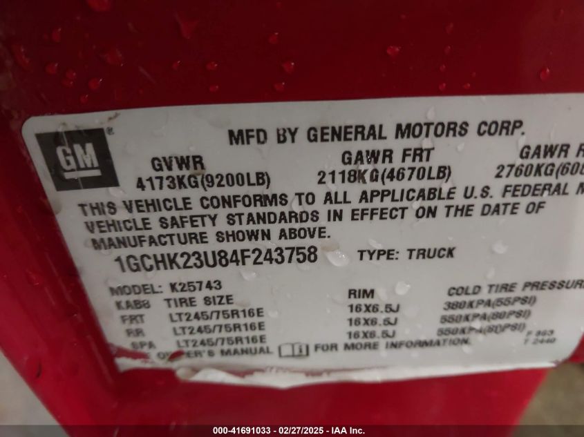 2004 Chevrolet Silverado 2500Hd Lt VIN: 1GCHK23U84F243758 Lot: 41691033