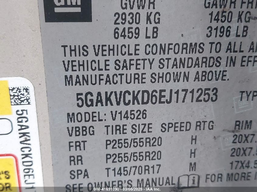 2014 Buick Enclave Premium VIN: 5GAKVCKD6EJ171253 Lot: 41691090