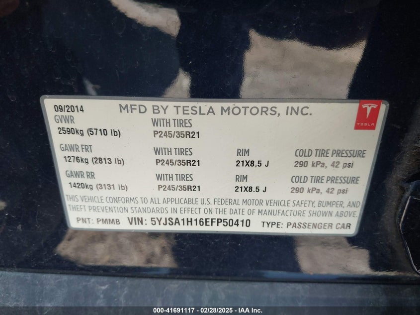 2014 TESLA MODEL S VIN: 5YJSA1H16EFP50410