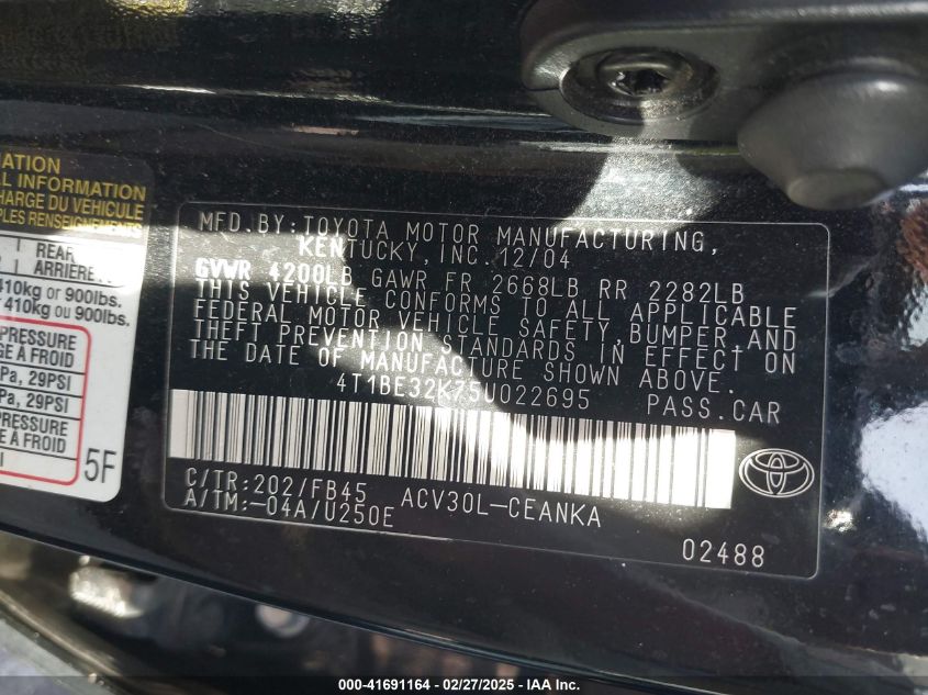 2005 Toyota Camry Le VIN: 4T1BE32K75U022695 Lot: 41691164