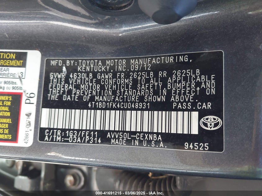 2012 TOYOTA CAMRY HYBRID VIN: 4T1BD1FK4CU048931